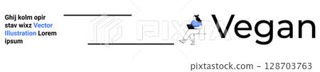 Character sitting on the letter V using a laptop, large Vegan text, placeholder text beside. Ideal for vegan websites, blogs, branding, marketing, tech, wellness, healthy living. Landing page Character sitting on the letter V using a laptop, large Vegan text, placeholder text beside. Ideal for vegan websites, blogs, branding, marketing, tech, wellness, healthy living. Landing page 128703763