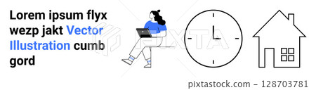 Laptop user, clock, and house vector emphasize remote work, productivity, and time management. Ideal for freelancing, work-life balance, home office setup, scheduling, digital nomad, telecommuting Laptop user, clock, and house vector emphasize remote work, productivity, and time management. Ideal for freelancing, work-life balance, home office setup, scheduling, digital nomad, telecommuting 128703781