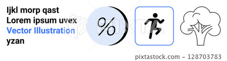 Three distinct icons percentage symbol in circle, running figure in box, tree outline. Ideal for infographics, presentations, web design, educational content, marketing materials, fitness apps Three distinct icons percentage symbol in circle, running figure in box, tree outline. Ideal for infographics, presentations, web design, educational content, marketing materials, fitness apps 128703783