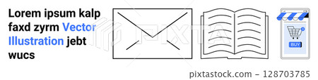 Three main elements include an envelope, an open book, and an online shopping cart. Ideal for educational materials, e-commerce, communication, mailing services, online bookstores, digital content 128703785