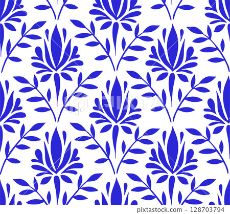 Vector seamless pattern, damask tiles. Blue vintage ornament. 128703794