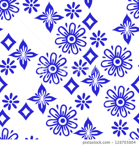 Vector seamless pattern, damask tiles. Blue geometric ornaments, patchwork. Vector seamless pattern, damask tiles. Blue geometric ornaments, patchwork. 128703804