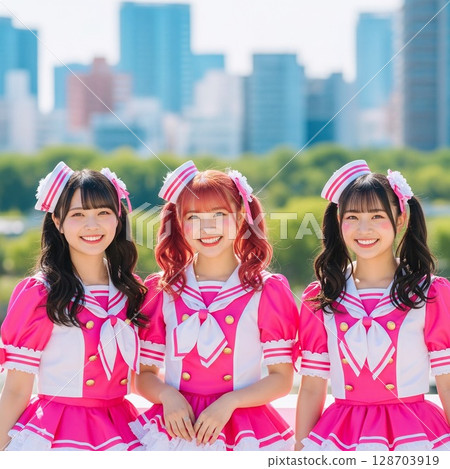 Idols singing in a rose-filled garden, a moving live performance in uniform-style costumes, a trio of sailor-suited idols 128703919