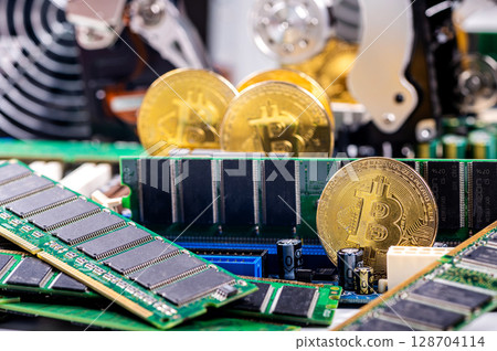 closeup of gold bitcoin on computer components background, technology and digital currency concept 128704114