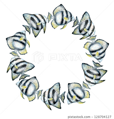 Round frame of black-white striped tropical fish isolated on white background. Watercolor illustration template in neutral colors for marine design, diving, book, scrapbook, sticker, craft, textile 128704127