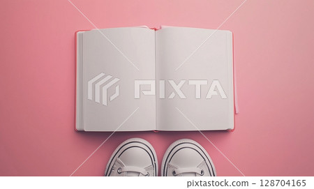 Blank white book open white paper and a pair white shoes top of view blue background 128704165