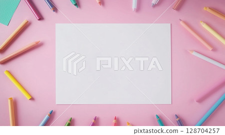 Blank white book and pencils coloring decoration for drawing or texting and pink background 128704257