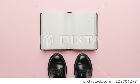 Blank white book open white paper and a pair black shoes top of view pink background 128704258