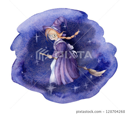 Watercolor cute witch in a purple dress and hat, with red hair on a broomstick on background night sky with white stars. Hand drawn illustration. Shades of blue watercolor stains for Halloween cards 128704268