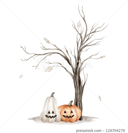 Watercolor illustration Tree without leaves silhouette and pumpkins with a face isolated on white background. Brown dry straight twig or Trees for Halloween with autumn leaves and grey earth. 128704270
