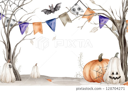 Halloween Banner watercolor illustration. Drawing of frame with garlands and trees with spider web with spider on isolated for Halloween greeting cards. Border with pumpkin with face and fall leaves Halloween Banner watercolor illustration. Drawing of frame with garlands and trees with spider web with spider on isolated for Halloween greeting cards. Border with pumpkin with face and fall leaves 128704271