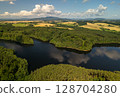 aerial view of the landscape with a water reservoir on the Vltava River in South Bohemia in the Czech Republic, Rimov Dam 128704280