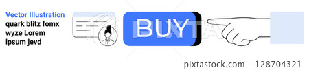 Profile icon, buy button, pointing hand, basic user elements, blue and black tones. Ideal for user interface, web design, e-commerce, digital purchases, navigation prompts, graphic design, marketing 128704321