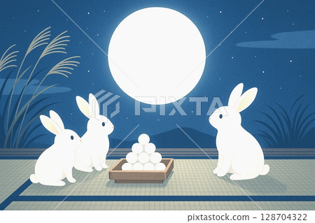 Autumn moon viewing illustration material with full moon, dumplings and rabbits 128704322