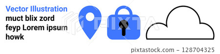 Blue location pin, blue padlock with keyhole, and black outline cloud symbolizing data security and cloud storage. Ideal for technology, security, cloud computing, data protection, software, app 128704325