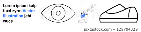 Text in black, eye drawing, cartoon figure with megaphone, and shoe outline. Ideal for art, design, communication, minimalism, advertising, marketing, and creativity concepts. Landing page 128704329