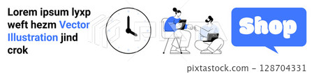 Two individuals interacting with digital devices, clock symbol and Shop icon in speech bubble. Ideal for teamwork, time management, e-commerce, online communication, digital marketing. Banner Two individuals interacting with digital devices, clock symbol and Shop icon in speech bubble. Ideal for teamwork, time management, e-commerce, online communication, digital marketing. Banner 128704331
