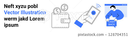Digital wallet with coins, a hand making a mobile payment, and a person holding a Cash Back sign. Ideal for finance apps, online shopping, cash back promotions, mobile banking, digital wallets 128704351