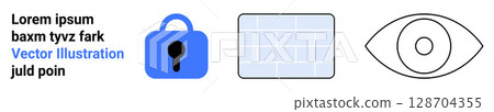 Blue lock with keyhole, tiled brick wall, and open eye. Ideal for cybersecurity, online privacy, security systems, surveillance, data protection, secure access, and technology contexts. Banner Blue lock with keyhole, tiled brick wall, and open eye. Ideal for cybersecurity, online privacy, security systems, surveillance, data protection, secure access, and technology contexts. Banner 128704355