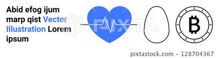 Heart with ECG line, egg shape, Bitcoin symbol, sample text in black and blue. Ideal for health, minimalism, cryptocurrency, finance, medical, digital currency, web design. Landing page Heart with ECG line, egg shape, Bitcoin symbol, sample text in black and blue. Ideal for health, minimalism, cryptocurrency, finance, medical, digital currency, web design. Landing page 128704367
