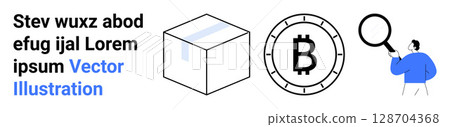 Package box, Bitcoin symbol, person with magnifying glass. Ideal for blockchain technology, cryptocurrency, research, analytics, delivery services, data exploration, finance Landing page Package box, Bitcoin symbol, person with magnifying glass. Ideal for blockchain technology, cryptocurrency, research, analytics, delivery services, data exploration, finance Landing page 128704368