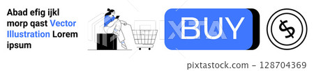 Person using laptop, shopping cart, large BUY button, currency symbol. Ideal for e-commerce, online shopping, digital sales, internet purchases, retail, user interface, marketing. Landing page 128704369