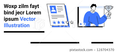 Businessman holding trophy, a resume with a 5-star rating. Ideal for HR, recruitment, career success, performance review, employee recognition, personal branding, business achievements. Landing page 128704370