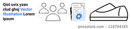 Group of three people, gear with documents, and a sneaker. Ideal for teamwork, work organization, activity, productivity, sports, file management, project management. Landing page 128704385
