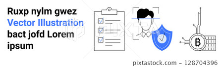 Text block, checklist with checkmarks, user profile outline, security shield, and Bitcoin symbol. Ideal for tech, finance, security, identity verification, blockchain, business analytics, and audits 128704396