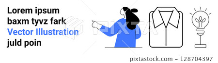 Woman pointing right, shirt outline, lightbulb with plant. Ideal for presentations, educational materials, infographics, marketing, fashion industry, innovation themes, and eco-friendly campaigns Woman pointing right, shirt outline, lightbulb with plant. Ideal for presentations, educational materials, infographics, marketing, fashion industry, innovation themes, and eco-friendly campaigns 128704397