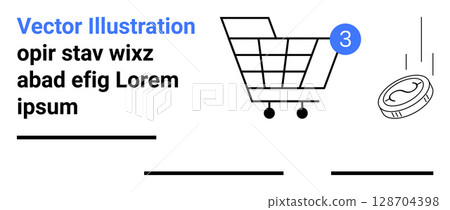 Shopping cart, notification badge, and coin in dynamic action. Ideal for online shopping, e-commerce, retail, sale notifications, financial transactions, shopping sites, customer engagement. Landing 128704398