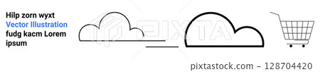 Two black cloud shapes and a shopping cart on white symbolize technology and commerce. Ideal for online shopping, cloud computing, e-commerce, digital marketplaces, technology concepts, minimalistic 128704420