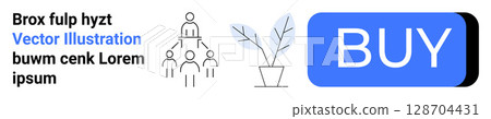 Business hierarchy diagram, blue buy button, potted plant, and example text in black and blue font. Ideal for business presentations, website design, marketing, e-commerce, organizational charts 128704431