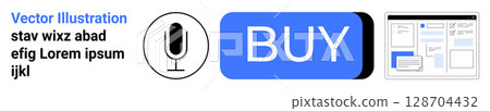 Black microphone inside a circle, blue button with BUY text, sample webpage layout, and editable lorem ipsum text. Ideal for app development, ecommerce, UI design, mobile interfaces, website 128704432