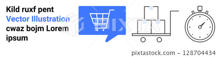E-commerce shopping cart icon, trolley with boxes, stopwatch. Ideal for online shopping, delivery services, logistics, time management, e-commerce, inventory, supply chain. Landing page 128704434