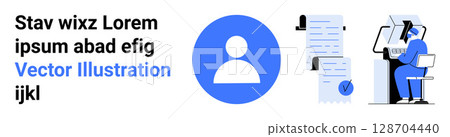 Profile icon, text, blue and black color scheme. Ideal for business, online profiles, office work, data management, professional presentations, website landing pages, digital documentation. Landing 128704440