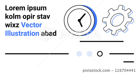 Clock icon, gear symbol, abstract lines, and placeholder text elements in a clean minimalistic design. Ideal for technology, productivity, process optimization, mechanical themes, modern web design 128704441