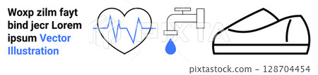 Text block, heartbeat line in blue heart, faucet with blue droplet, black sneaker. Ideal for health, water conservation, plumbing, footwear, fitness, vector graphics, minimal design. Landing page 128704454