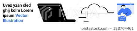 Black laptop, cloud graphic, user interface with person holding book. Ideal for tech tutorials, online courses, business presentations, web design, app showcases, digital marketing, remote work 128704461