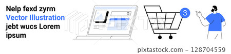 Laptop displaying online store, shopping cart with number 3, man pointing. Ideal for e-commerce, shopping, digital market, customer interaction, web design, online retail, user experience. Landing Laptop displaying online store, shopping cart with number 3, man pointing. Ideal for e-commerce, shopping, digital market, customer interaction, web design, online retail, user experience. Landing 128704559