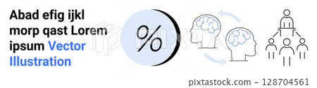 Percentage symbol, two brain icons with arrows, organizational structure. Ideal for educational content, business analysis, teamwork strategies, cognitive processes, data visualization, infographics 128704561