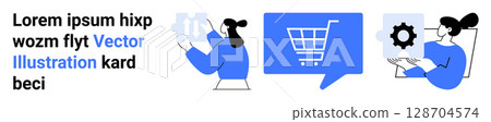 Female figures with shopping bags and gear icon, speech bubble with shopping cart. Ideal for online shopping, customer support, e-commerce, customer experience, technical support, retail, landing Female figures with shopping bags and gear icon, speech bubble with shopping cart. Ideal for online shopping, customer support, e-commerce, customer experience, technical support, retail, landing 128704574