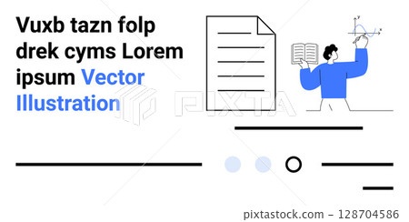 Abstract human holding book and measuring instruments, text elements, geometric lines and shapes. Ideal for education, e-learning, instruction, modern learning, online courses, teaching, academia 128704586