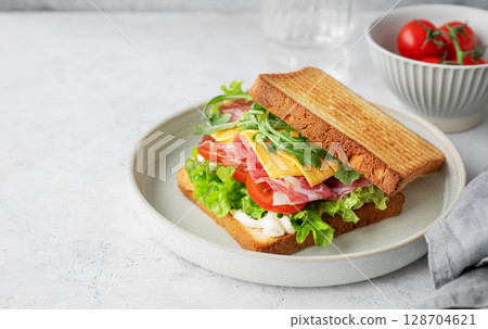 Toast club sandwich with bacon, cheese, tomatoes, lettuce, arugula and sauce in a plate  128704621