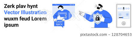 Cash-back website, security figure with shield and lock, smartphone voice control. Ideal for finance, e-commerce, cyber security, user interface, smart home, tech tutorials, promotional materials Cash-back website, security figure with shield and lock, smartphone voice control. Ideal for finance, e-commerce, cyber security, user interface, smart home, tech tutorials, promotional materials 128704653
