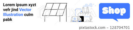 Solar panel structure, industrial factory with trucks, and a blue shop dialog box. Ideal for renewable energy, industrial growth, online shopping, clean technology, and modern industry. Banner 128704701