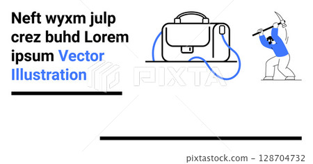 Black text block, business bag with blue strap, and man wielding a pickaxe. Ideal for business, finance, mining, education, presentations, marketing, and technology themes. Landing page 128704732