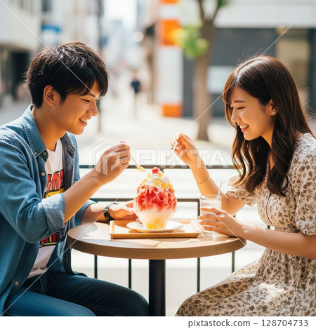 一對情侶在夏日咖啡館享用刨冰，充滿微笑的約會 128704733
