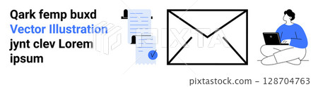 Text with envelope, documents, person on laptop. Ideal for digital communication, remote work, business efficiency, online correspondence, email marketing, digital signatures, and content creation Text with envelope, documents, person on laptop. Ideal for digital communication, remote work, business efficiency, online correspondence, email marketing, digital signatures, and content creation 128704763