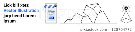 Shopping cart icon next to a digital storefront, geometric mountain landscape, pyramid with eye symbol on top. Ideal for e-commerce, digital security, branding, spirituality, abstract art, retail Shopping cart icon next to a digital storefront, geometric mountain landscape, pyramid with eye symbol on top. Ideal for e-commerce, digital security, branding, spirituality, abstract art, retail 128704772